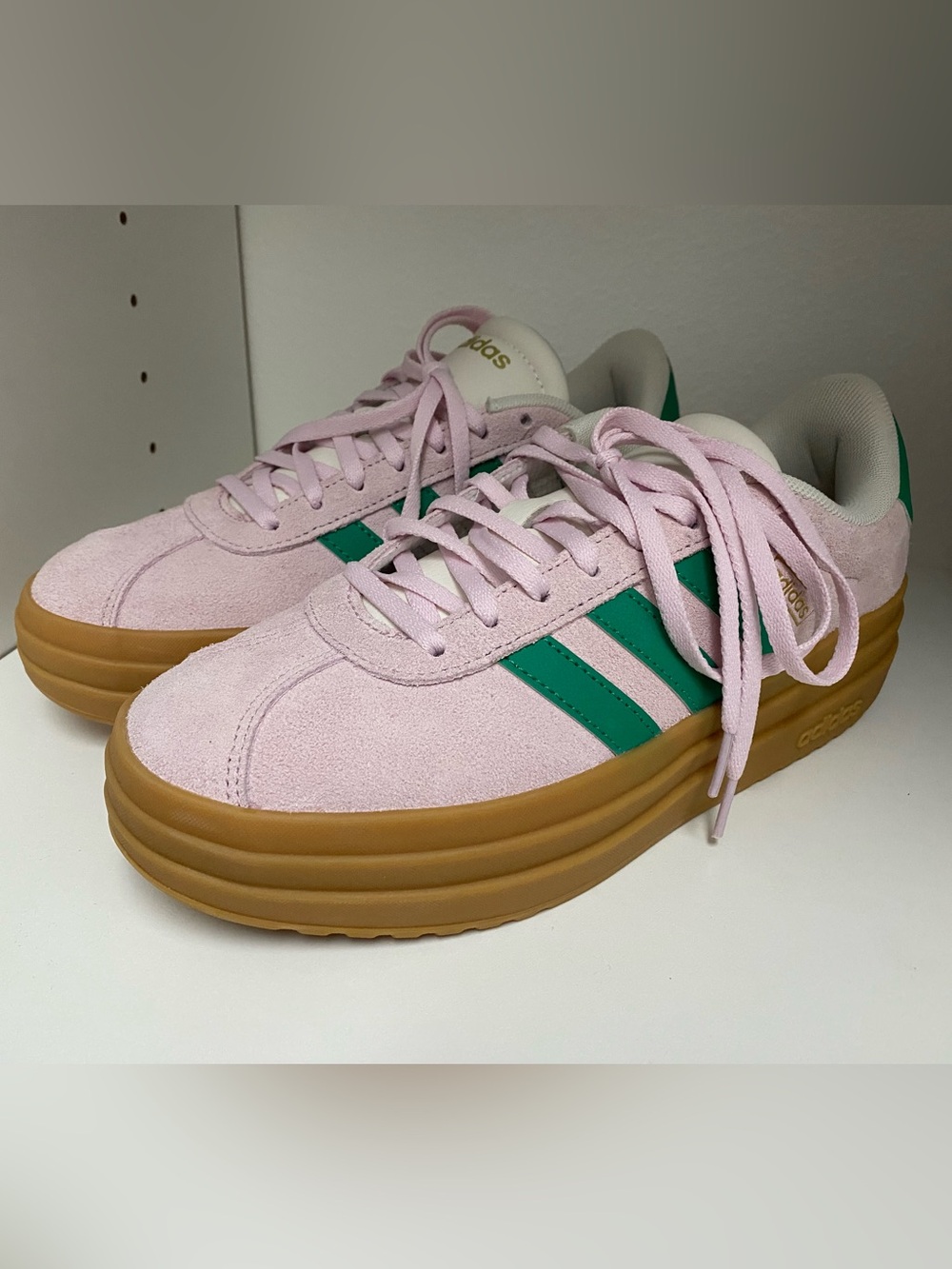 adidas Women’s Pink Suede Platform Sneakers with Green Stripes and Gum Sole